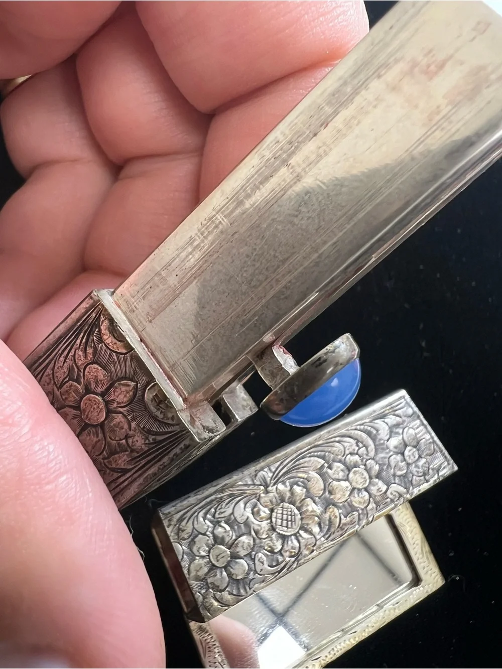 Antique 800 Silver Floral Engraved Lipstick Compact with Blue Cabochon Accent